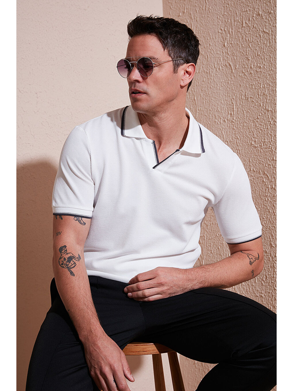 Ekru Streç Pamuklu Regular Fit Şerit Detaylı Polo Yaka Tişört 5902768-2