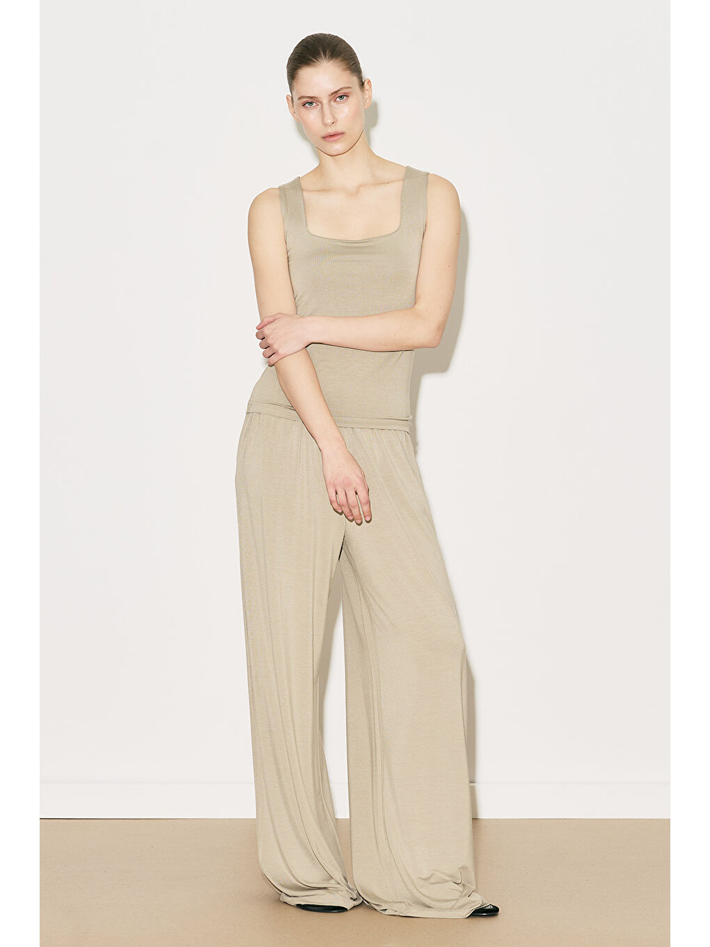 Bej Easy Kolsuz Kare Yaka Bluz Taş-5