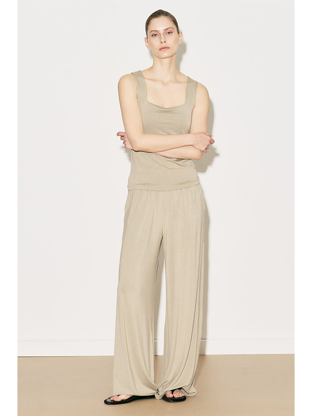 Bej Easy Kolsuz Kare Yaka Bluz Taş-6