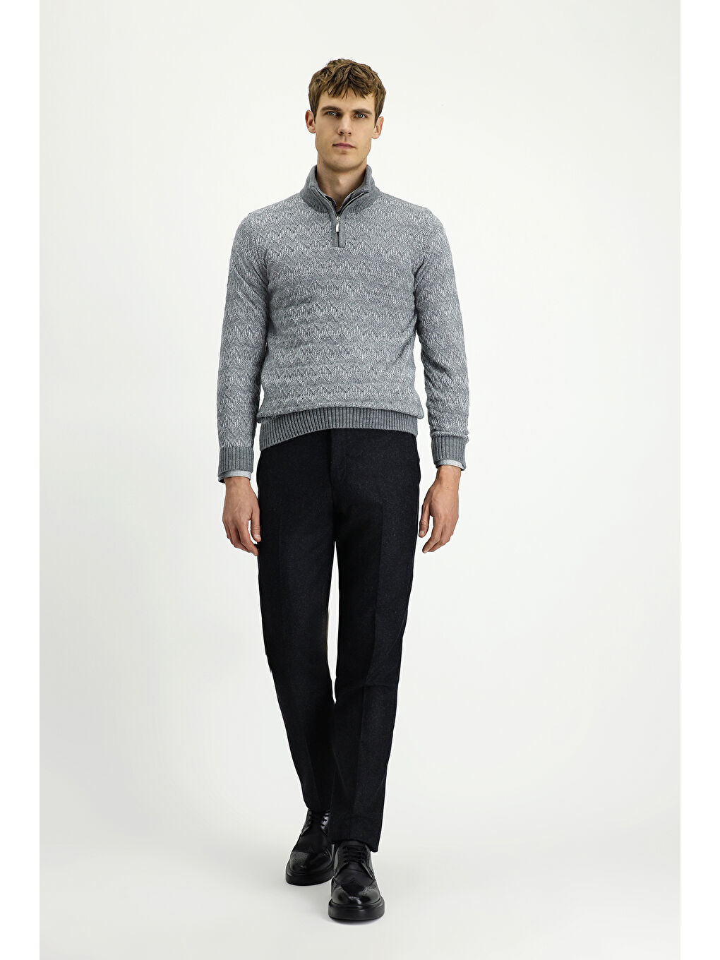 Gri Yarım Balıkçı Yaka Regular Fit Fermuarlı Desenli Pamuklu Triko Kazak-2