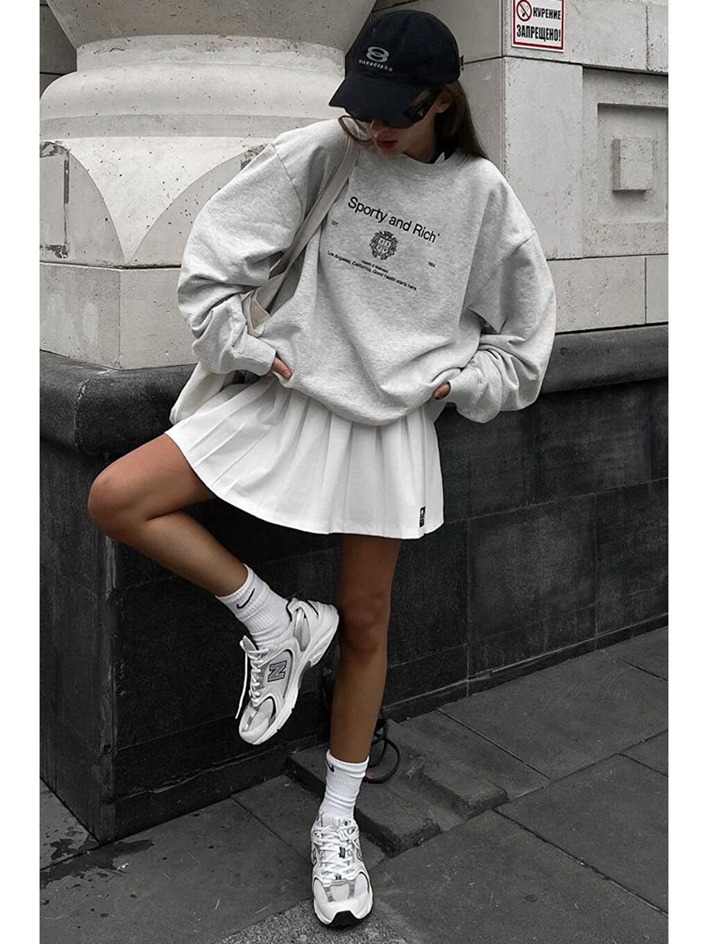 Beyaz Karmelanj Bisiklet Yaka Baskılı Oversize Kadın Sweatshirt Mg1577