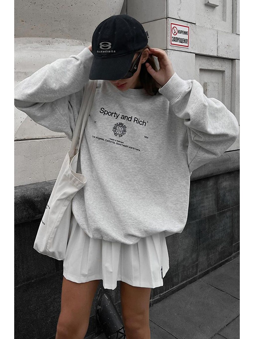 Beyaz Karmelanj Bisiklet Yaka Baskılı Oversize Kadın Sweatshirt Mg1577-1