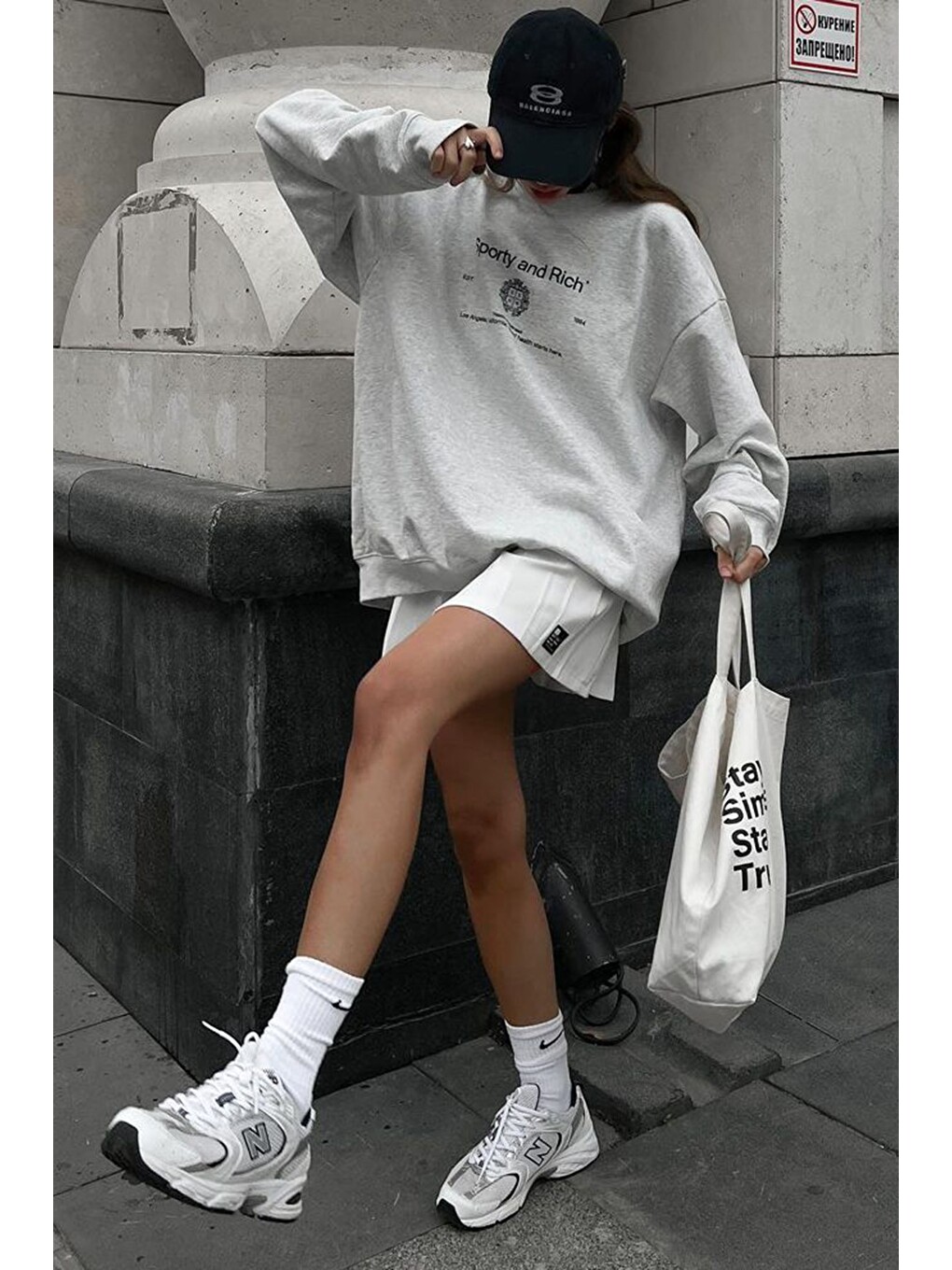 Beyaz Karmelanj Bisiklet Yaka Baskılı Oversize Kadın Sweatshirt Mg1577-3
