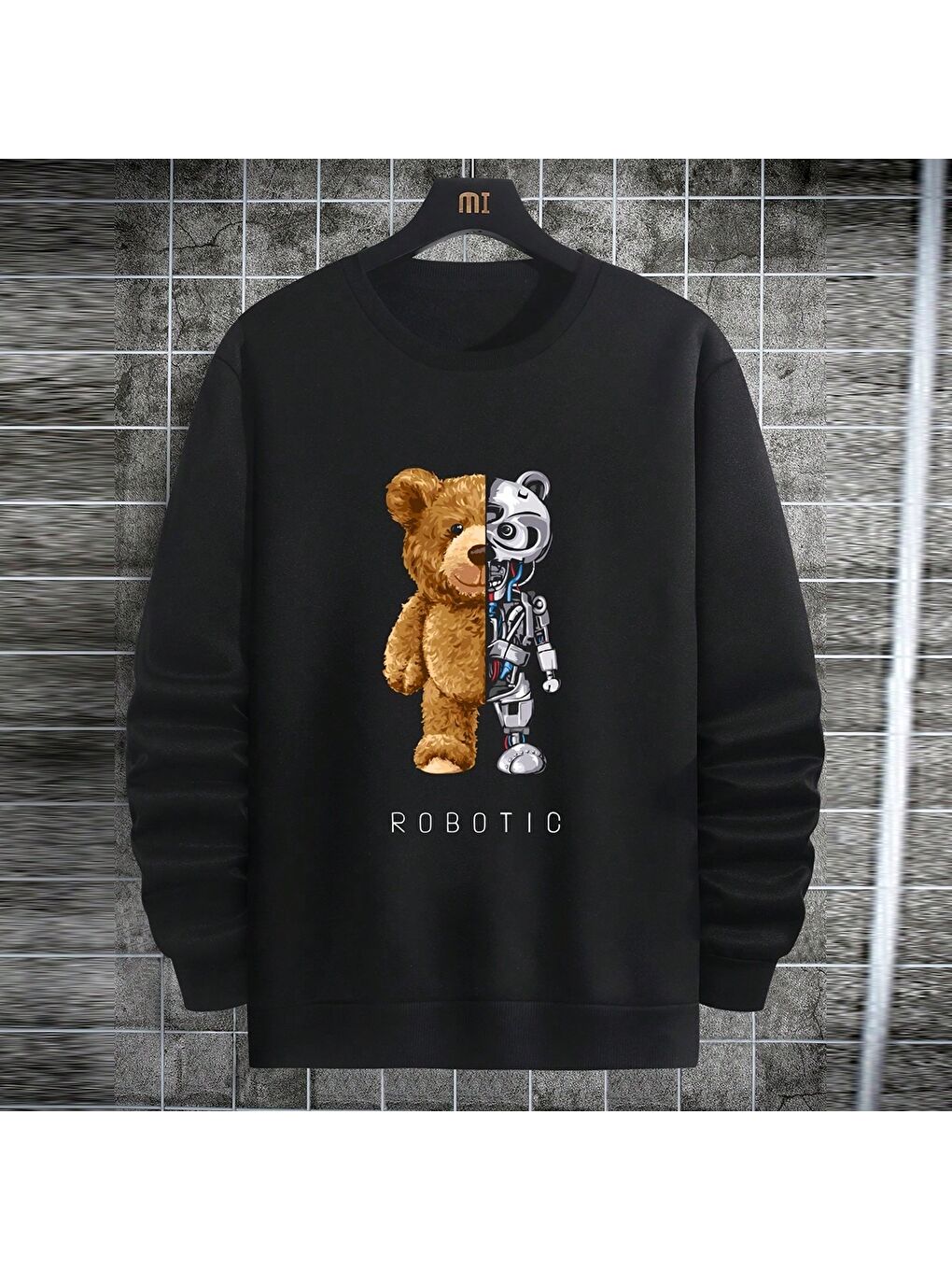 Siyah Robotic Ayıcık Robot Baskılı Erkek Sweatshirt