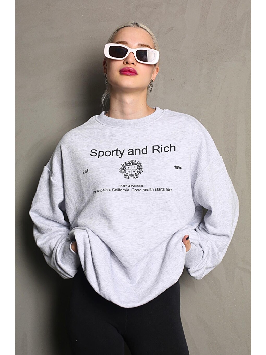 Beyaz Karmelanj Bisiklet Yaka Baskılı Oversize Kadın Sweatshirt Mg1577-6