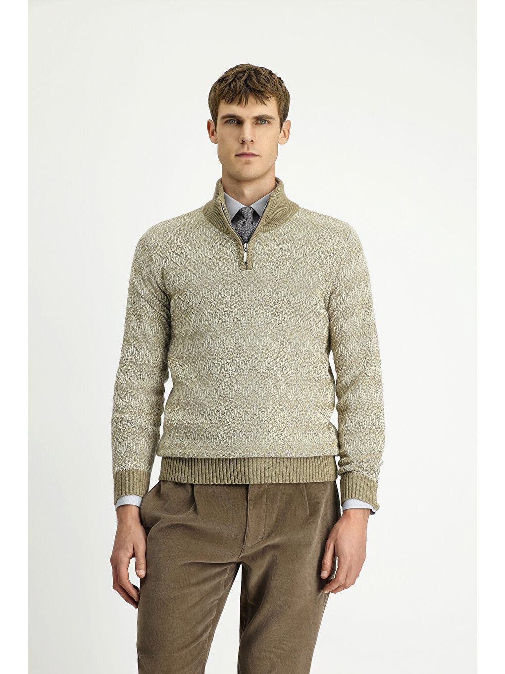 Bej Yarım Balıkçı Yaka Regular Fit Fermuarlı Desenli Pamuklu Triko Kazak