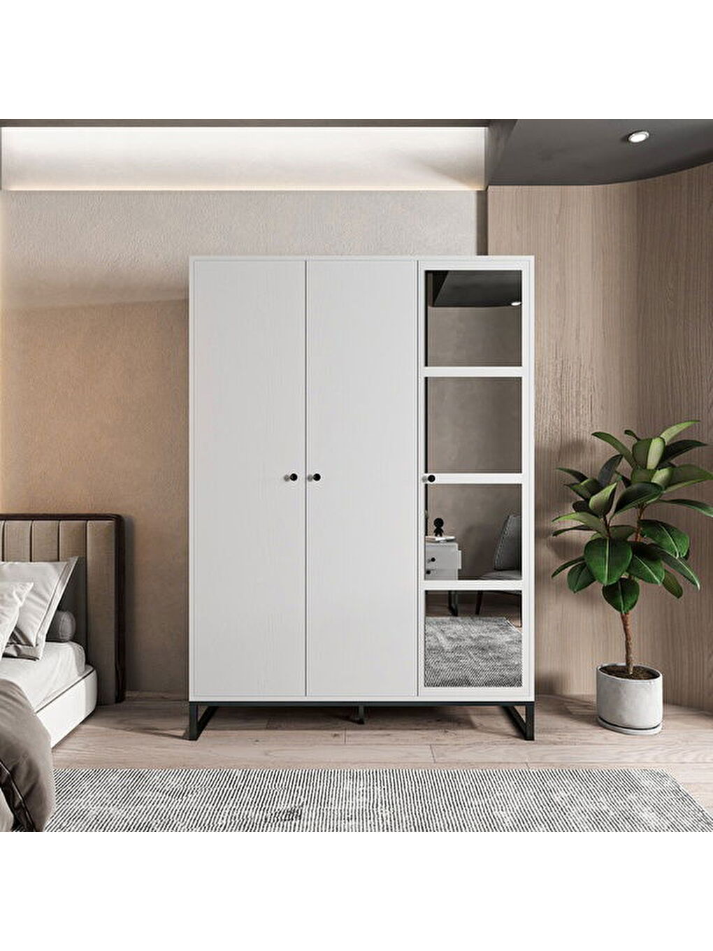 Alba 3 Kapaklı Gardırop - Beyaz / Siyah - 196x54x140 cm