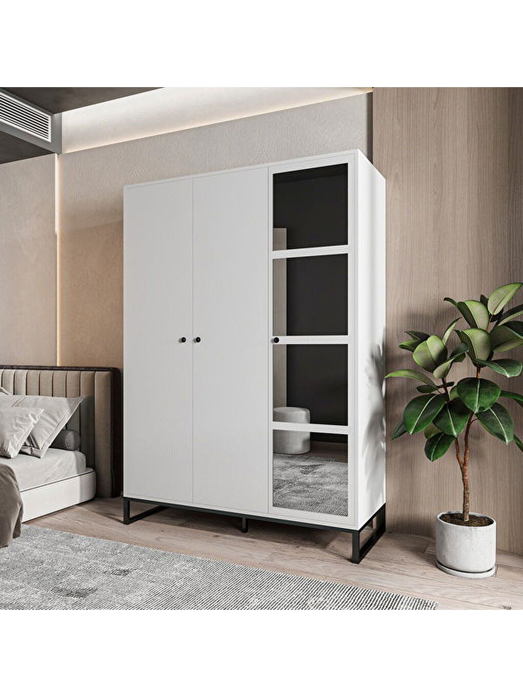 Alba 3 Kapaklı Gardırop - Beyaz / Siyah - 196x54x140 cm-3