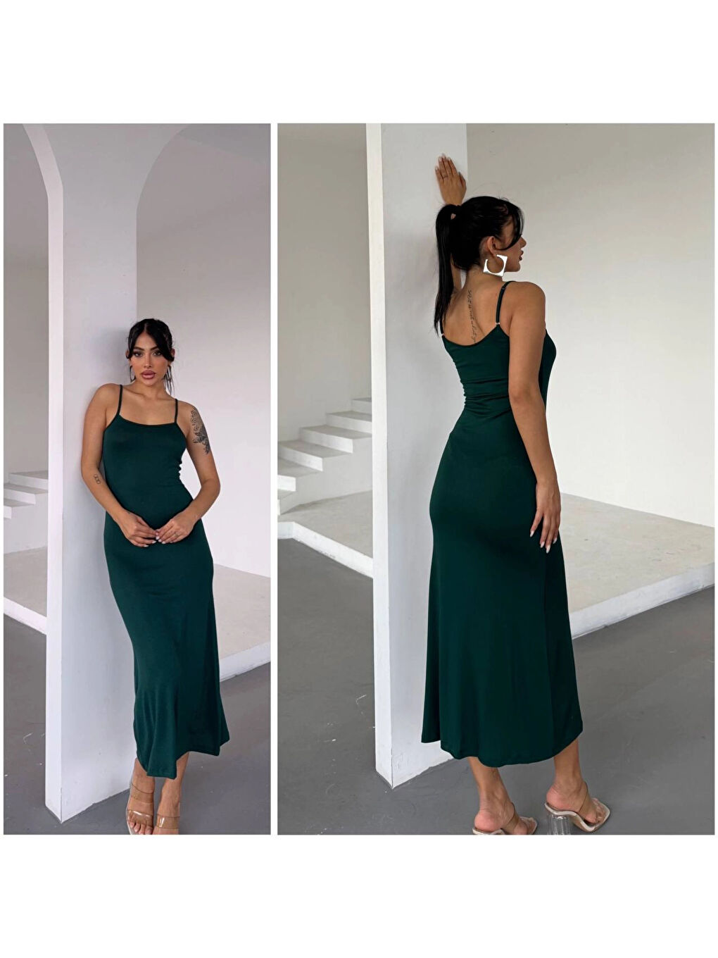 Kadın Zümrüt Yeşil Ayarlanabilir Askılı Midi Boy Elbise HZL25S-FRY122921-3