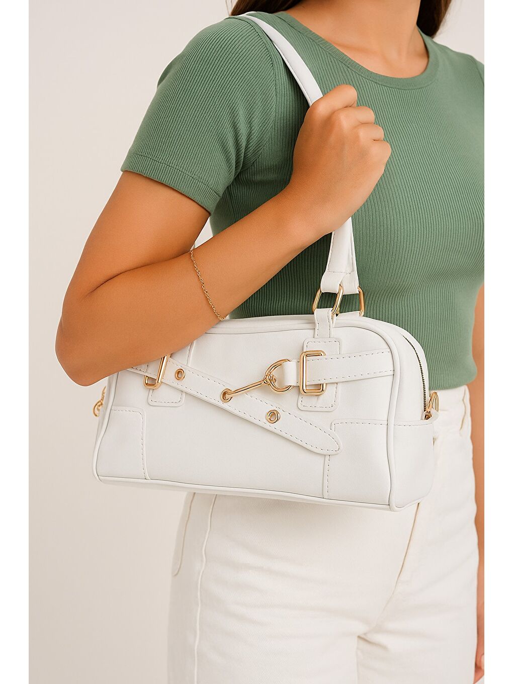 Beyaz ROSALİE Kadın Kemer Detaylı El ve Omuz Çantası-2