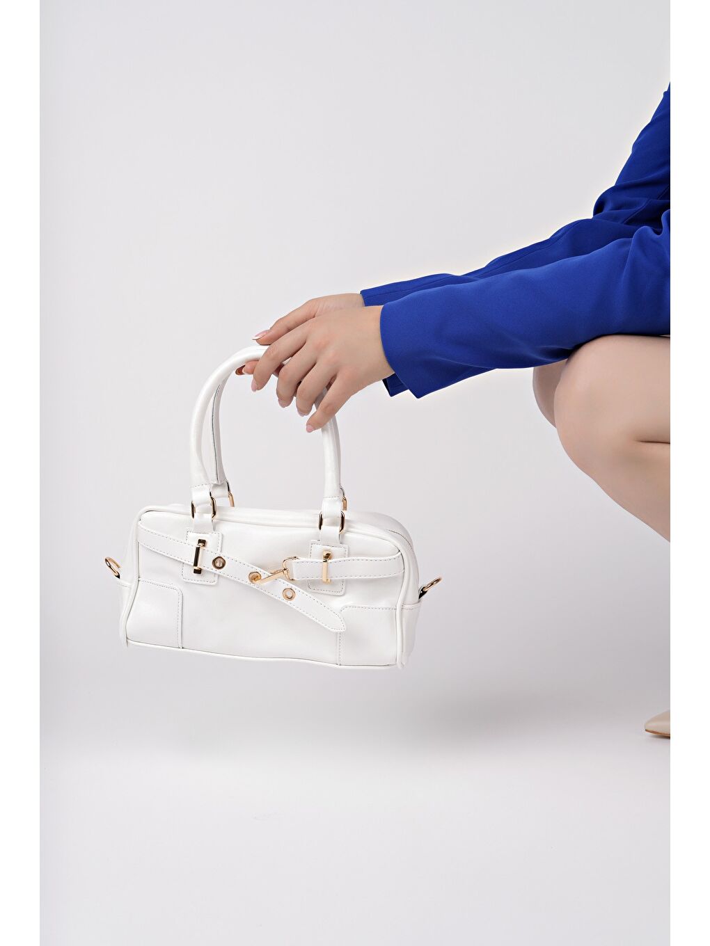 Beyaz ROSALİE Kadın Kemer Detaylı El ve Omuz Çantası-4