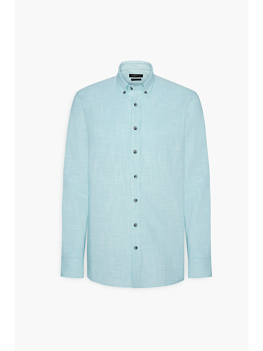 Erkek Turkuaz Slim Fit Dar Kesim Düğmeli Yaka Keten Görünümlü %100 Pamuk Flamlı Gömlek-4