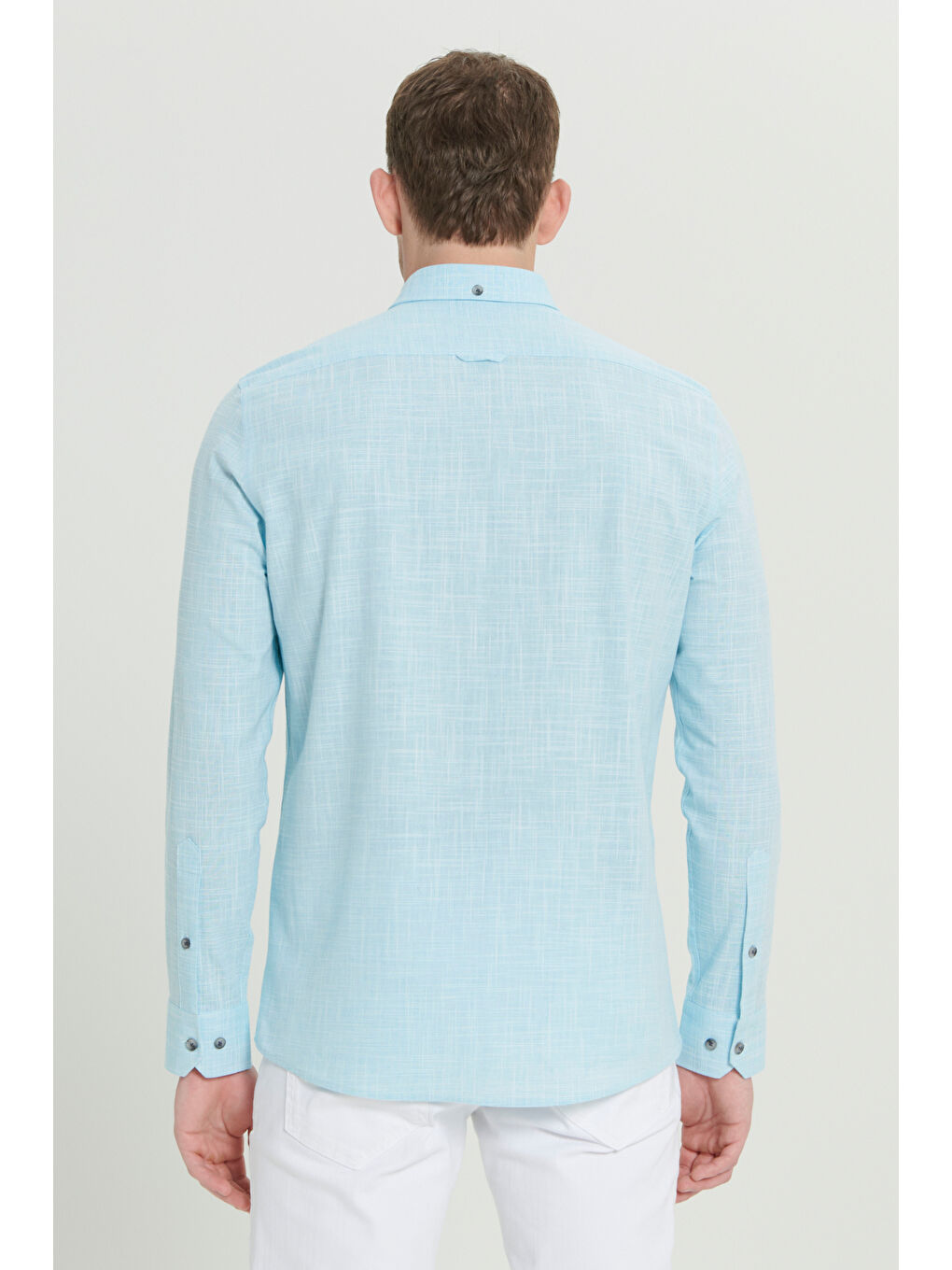 Erkek Turkuaz Slim Fit Dar Kesim Düğmeli Yaka Keten Görünümlü %100 Pamuk Flamlı Gömlek-5
