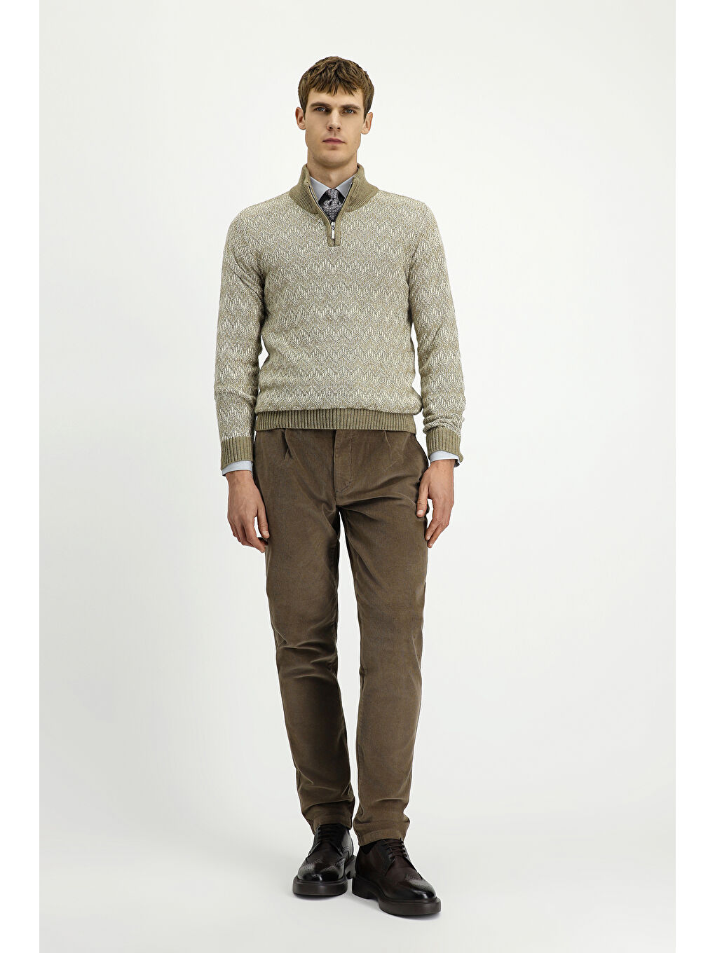 Bej Yarım Balıkçı Yaka Regular Fit Fermuarlı Desenli Pamuklu Triko Kazak-1