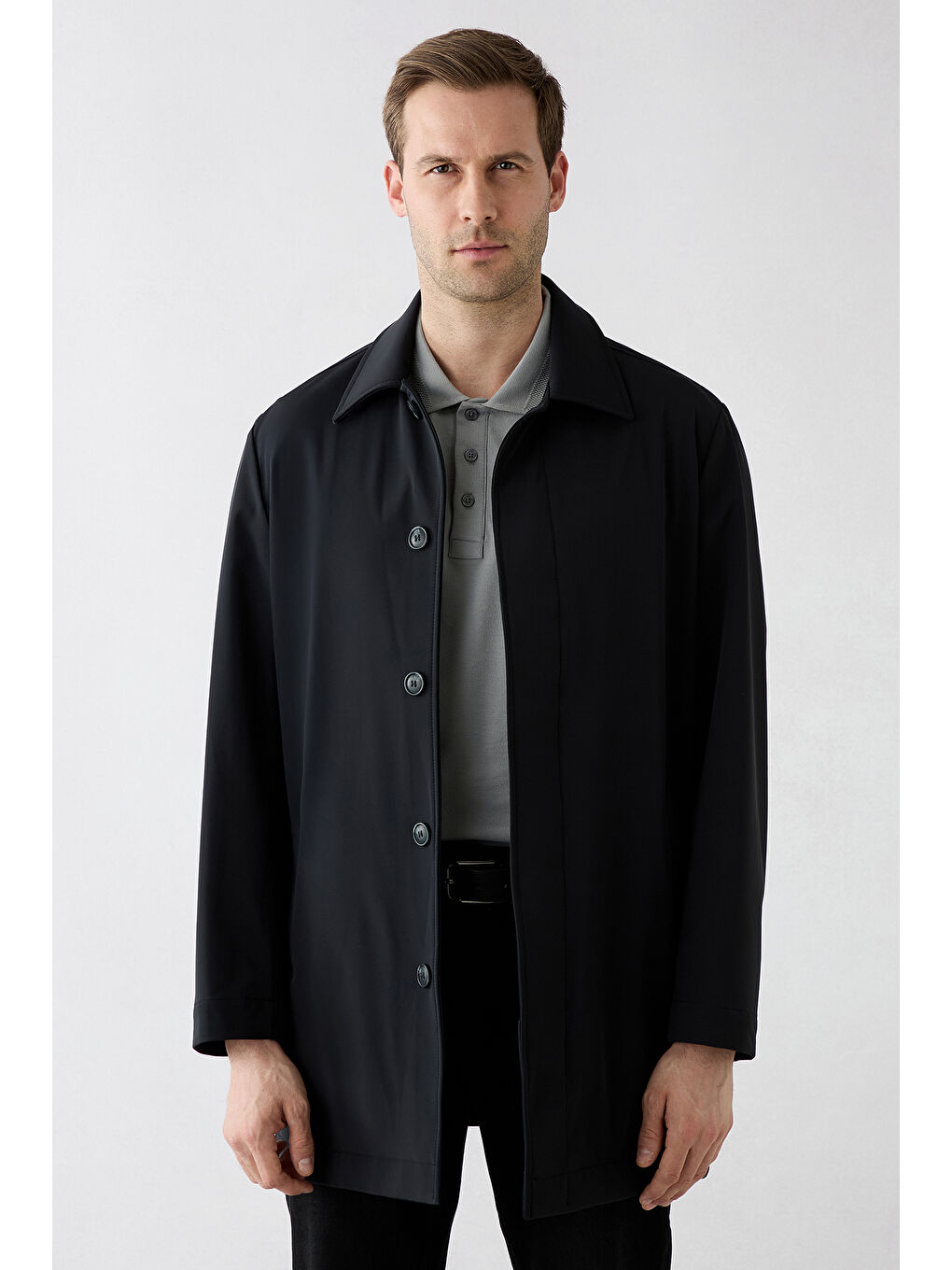 Siyah Fermuar Cepli Düğmeli Klasik Pardösü & Trençkot