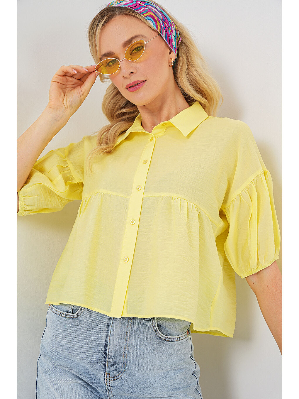 Kadın Kısa Kol Crop Gömlek 20335 - Sarı