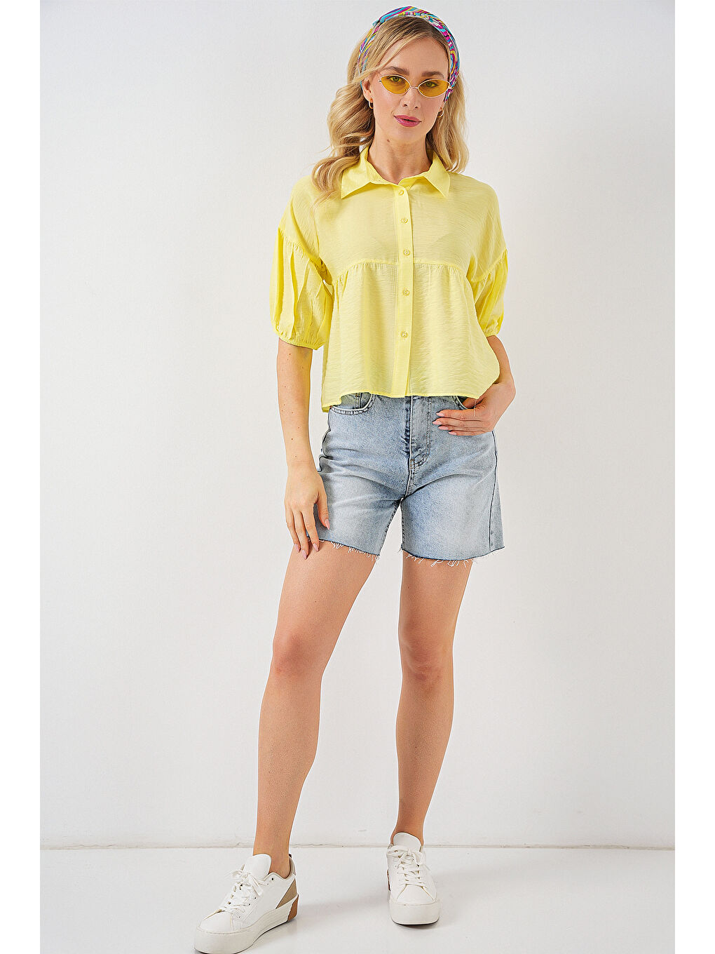 Kadın Kısa Kol Crop Gömlek 20335 - Sarı-1