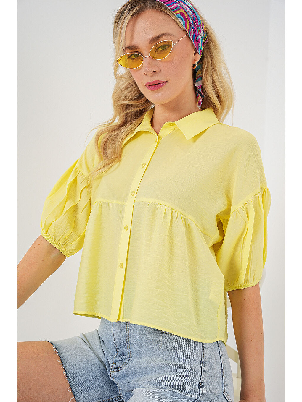 Kadın Kısa Kol Crop Gömlek 20335 - Sarı-2