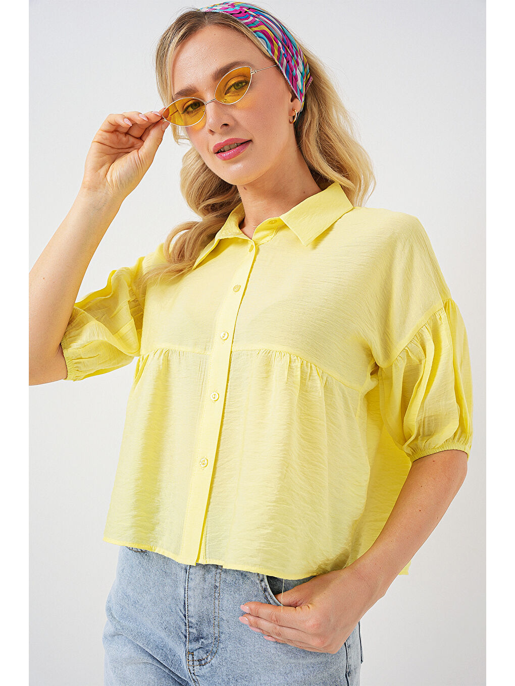 Kadın Kısa Kol Crop Gömlek 20335 - Sarı-3