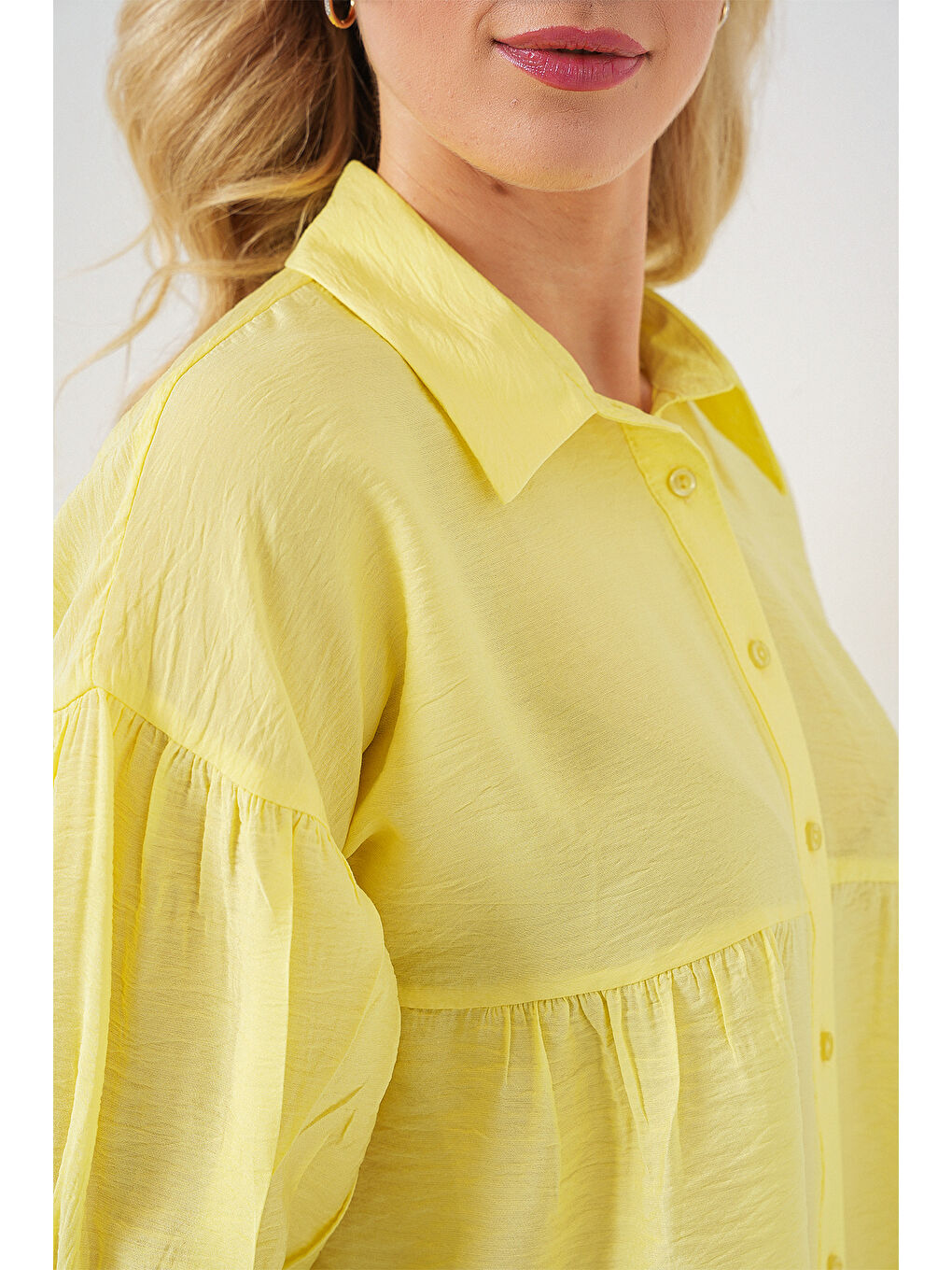 Kadın Kısa Kol Crop Gömlek 20335 - Sarı-4