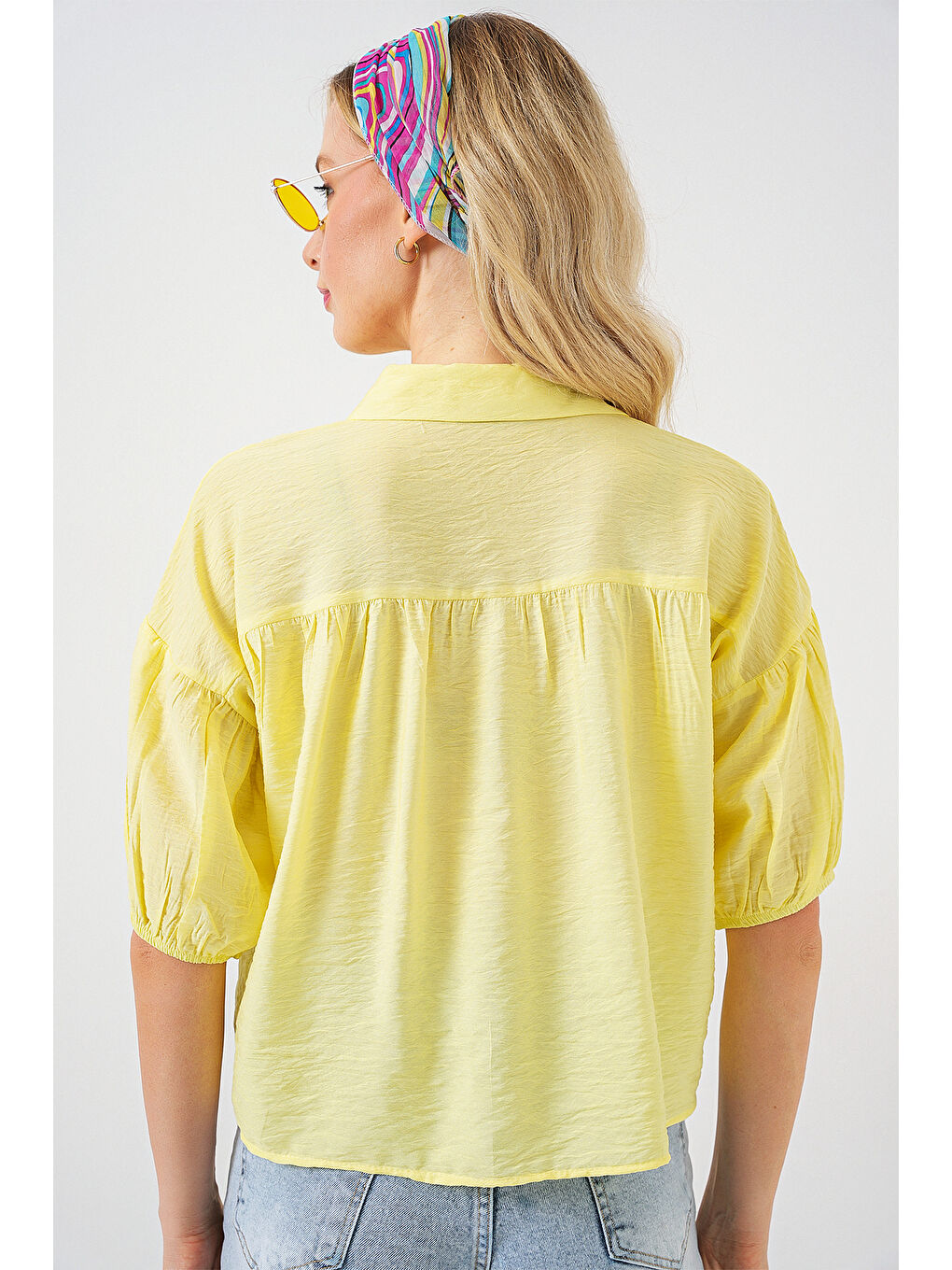 Kadın Kısa Kol Crop Gömlek 20335 - Sarı-5