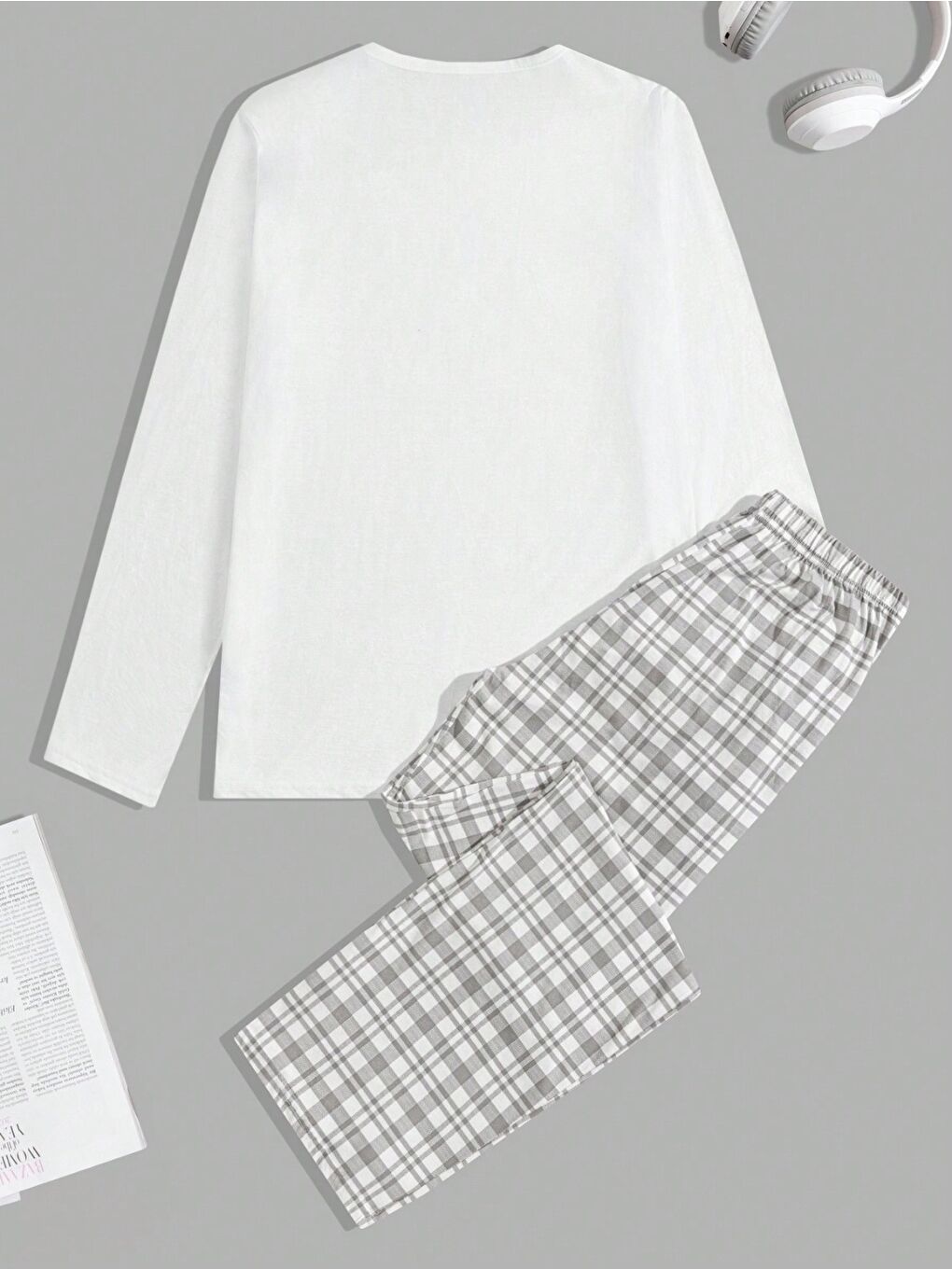 Erkek Uzun Kollu Baskılı Pijama Takımı Ekose Pantolonlu Beyaz-1