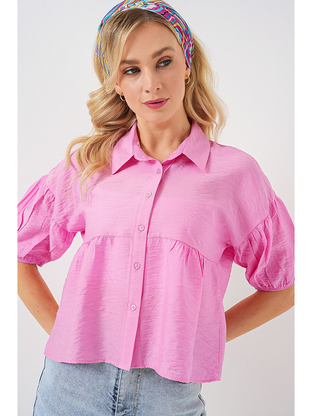 Pembe Kadın Kısa Kol Crop Gömlek 20335 - Pudra