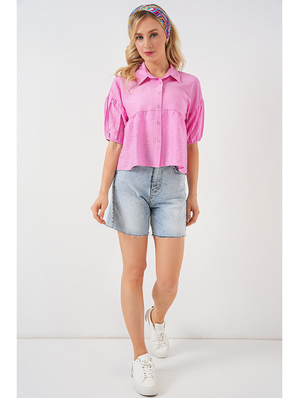 Pembe Kadın Kısa Kol Crop Gömlek 20335 - Pudra-1
