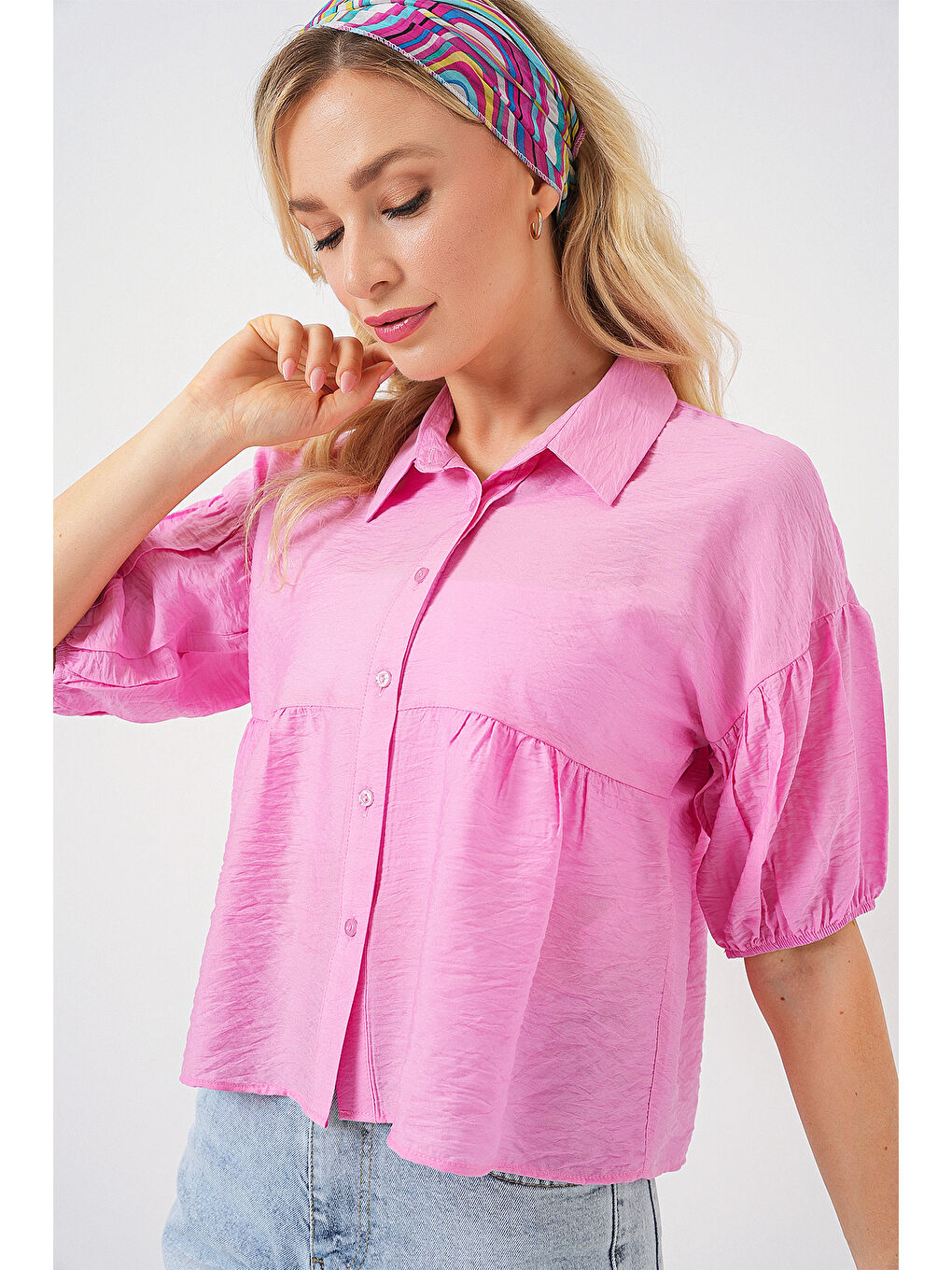 Pembe Kadın Kısa Kol Crop Gömlek 20335 - Pudra-2