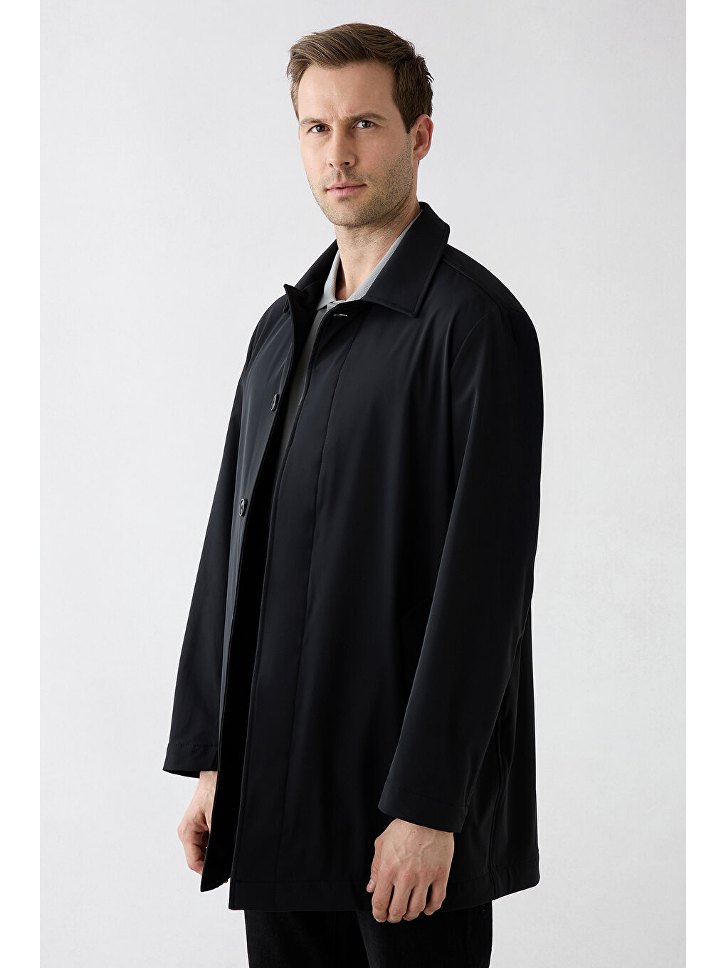 Siyah Fermuar Cepli Düğmeli Klasik Pardösü & Trençkot-1