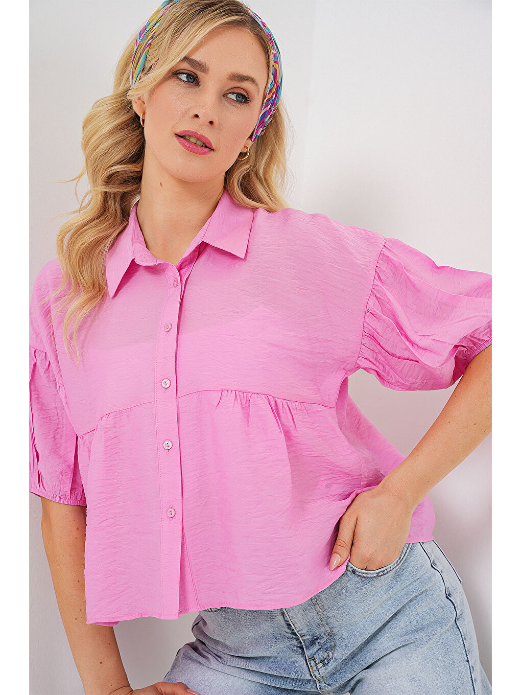 Pembe Kadın Kısa Kol Crop Gömlek 20335 - Pudra-3