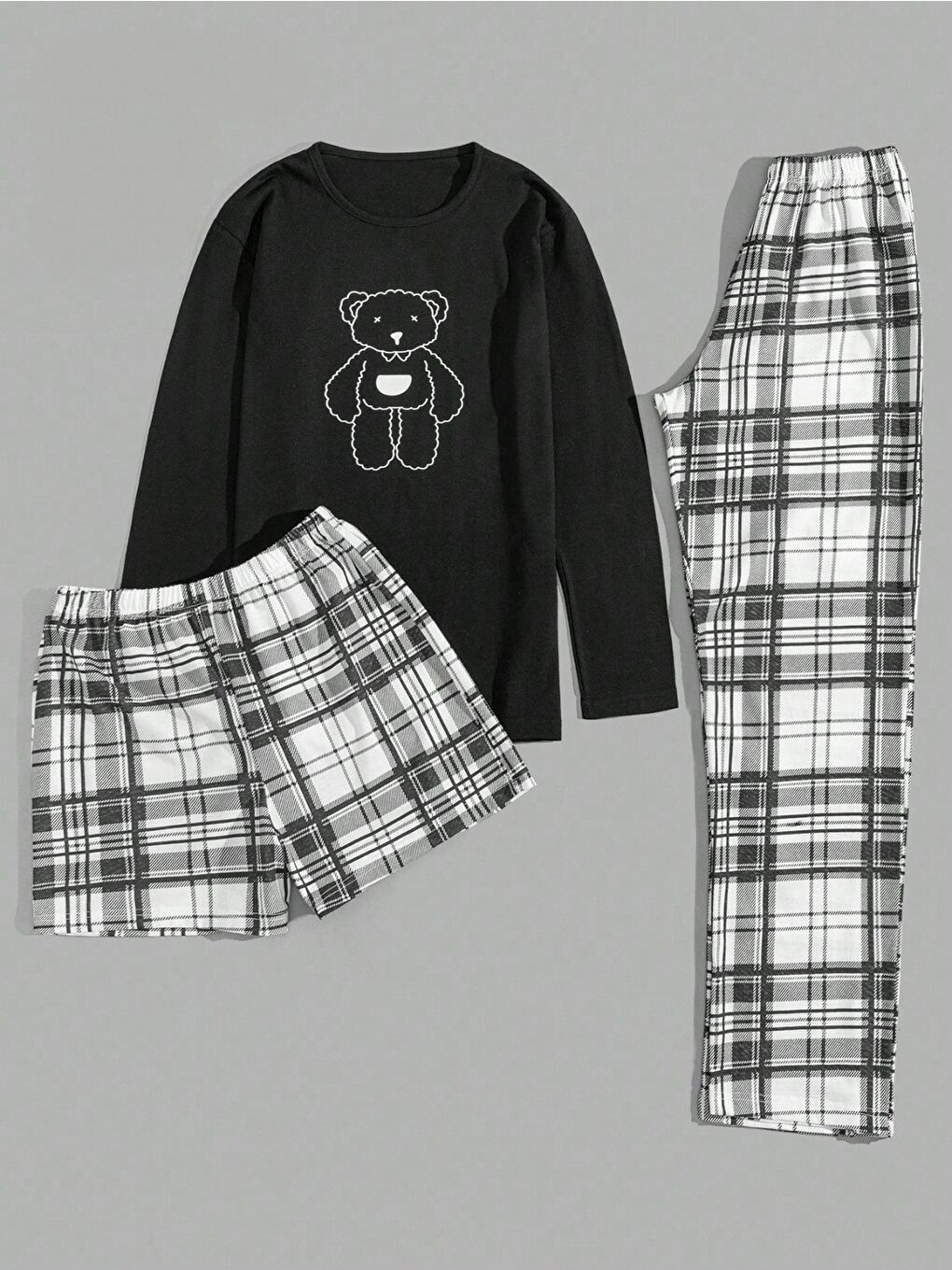 Siyah Ekose Desenli 3 Parça Erkek Pijama Seti Ayıcık Baskılı
