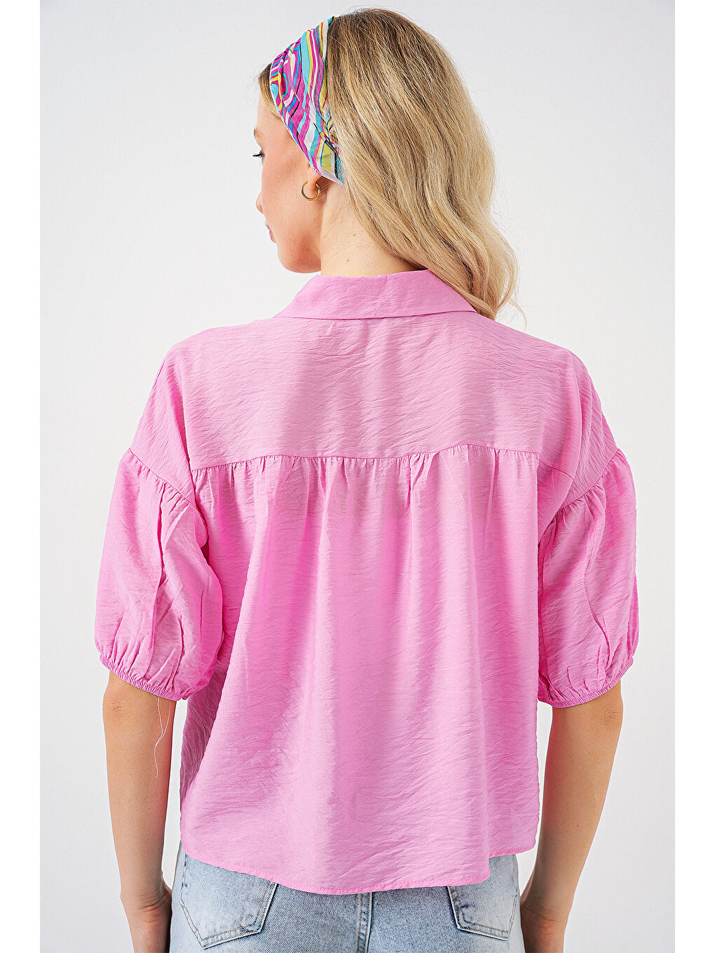 Pembe Kadın Kısa Kol Crop Gömlek 20335 - Pudra-5