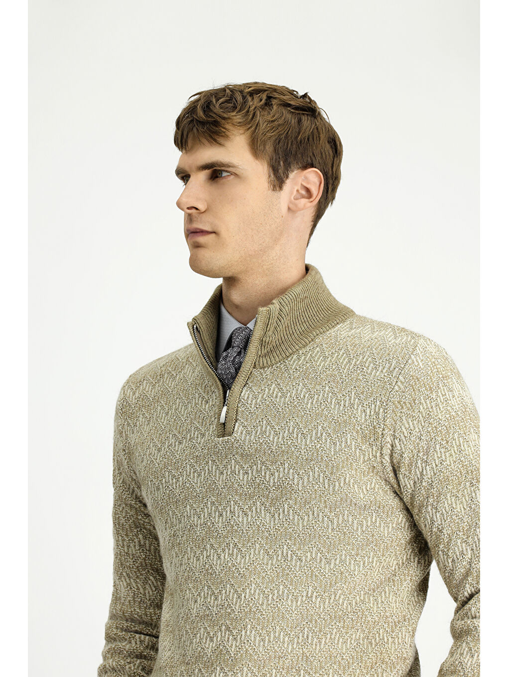 Bej Yarım Balıkçı Yaka Regular Fit Fermuarlı Desenli Pamuklu Triko Kazak-2