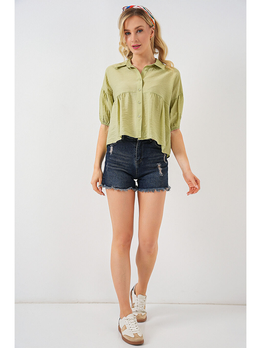 Kadın Kısa Kol Crop Gömlek 20335 - E.Yeşil-1