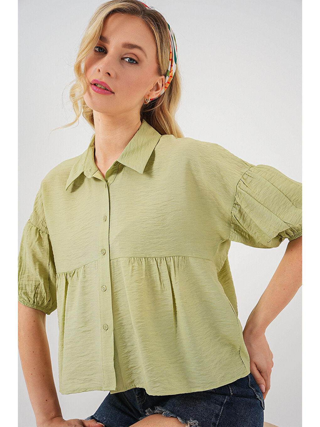 Kadın Kısa Kol Crop Gömlek 20335 - E.Yeşil-2