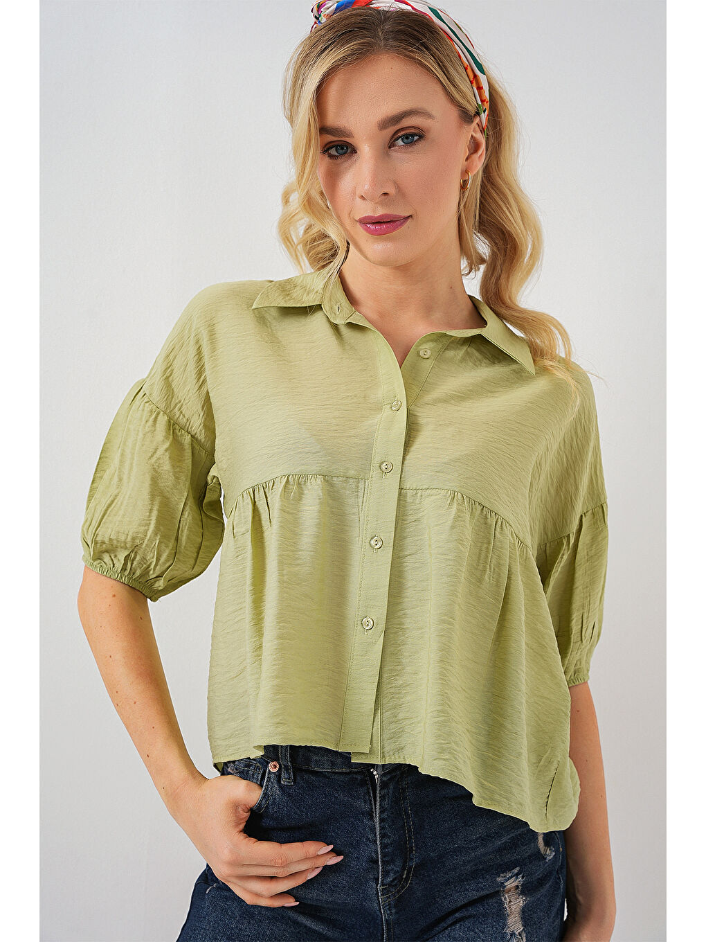 Kadın Kısa Kol Crop Gömlek 20335 - E.Yeşil-3