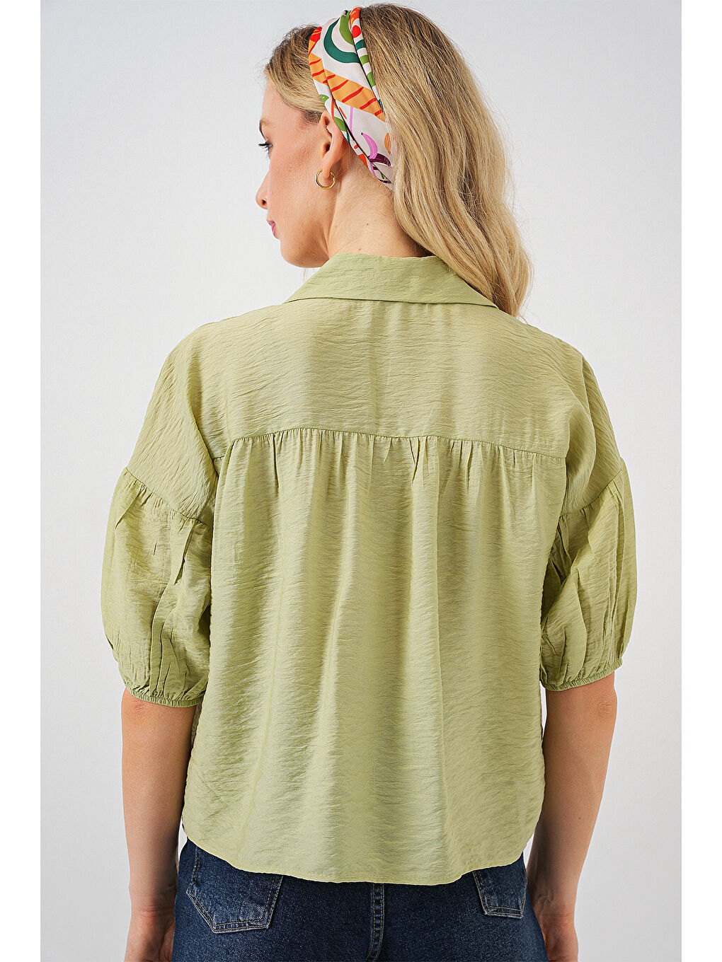 Kadın Kısa Kol Crop Gömlek 20335 - E.Yeşil-5