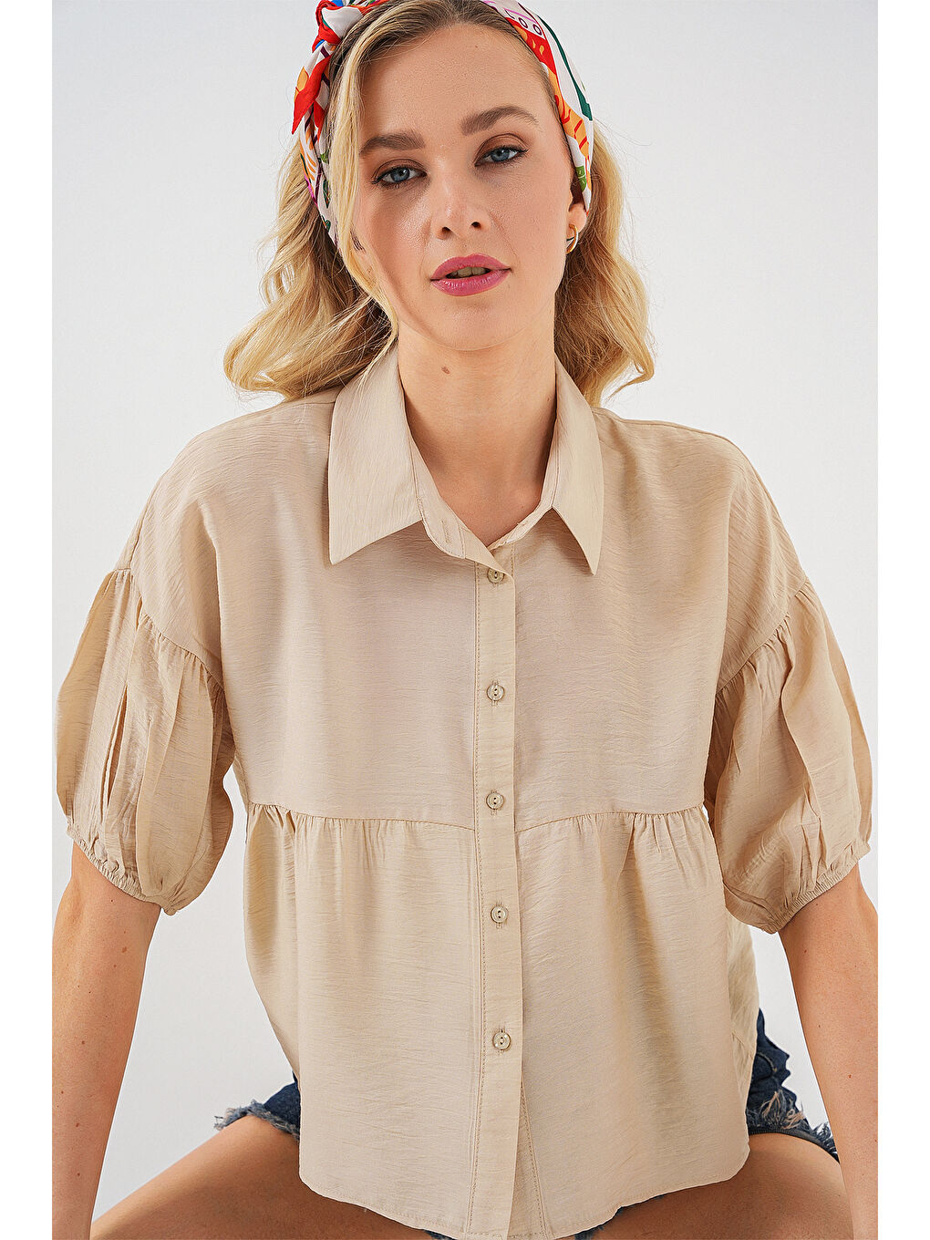 Kadın Kısa Kol Crop Gömlek 20335 - Bej