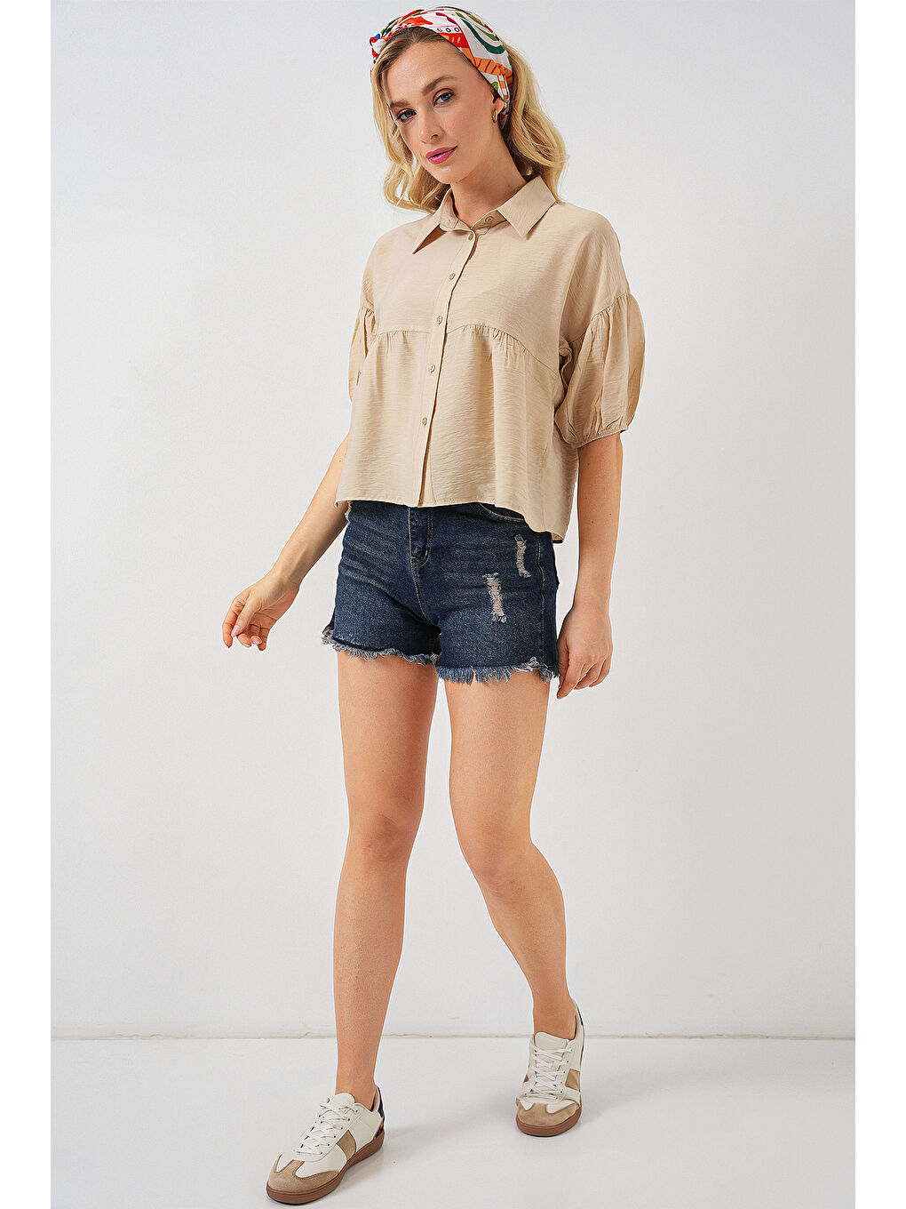 Kadın Kısa Kol Crop Gömlek 20335 - Bej-1