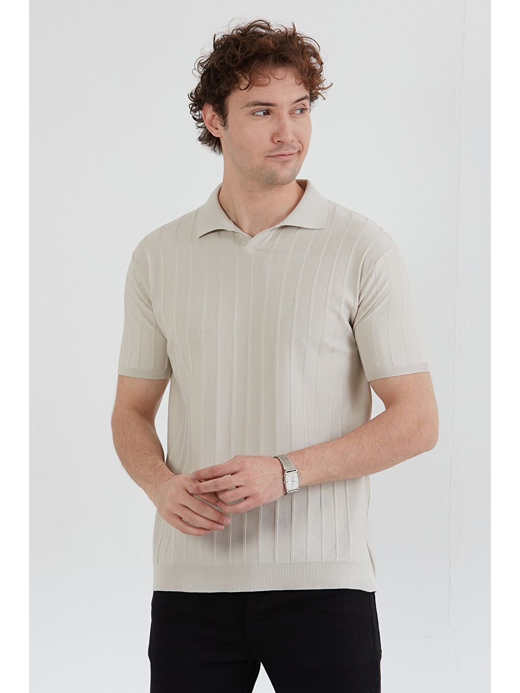 Bej Şeritli Polo Yaka Triko Tişört-1