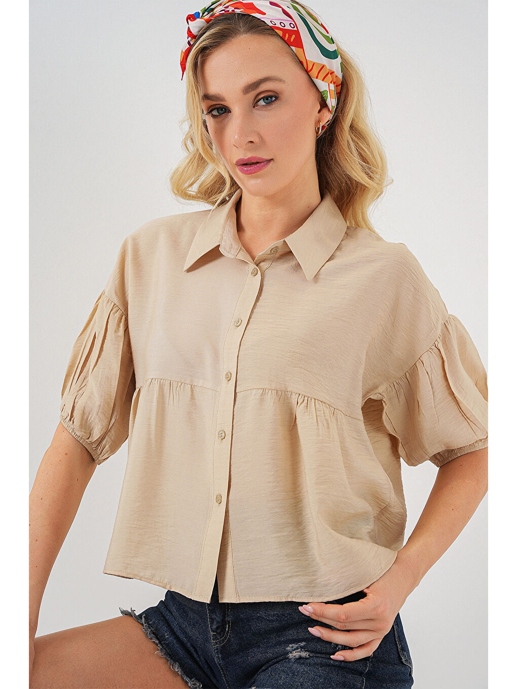 Kadın Kısa Kol Crop Gömlek 20335 - Bej-2