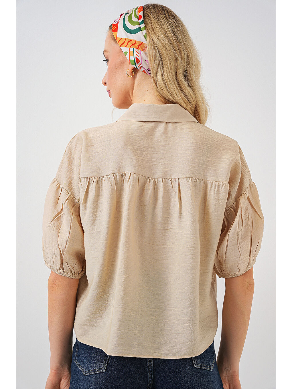 Kadın Kısa Kol Crop Gömlek 20335 - Bej-5