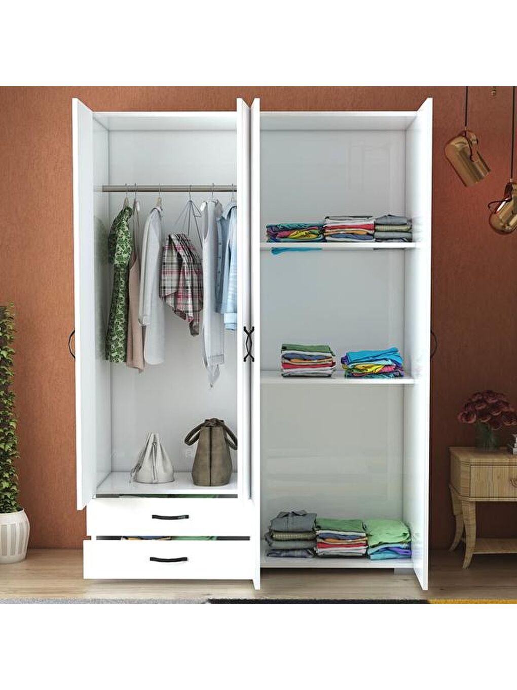 Heybeli 4 Kapak 2 Çekmece Gardırop - Beyaz - 120 cm-3