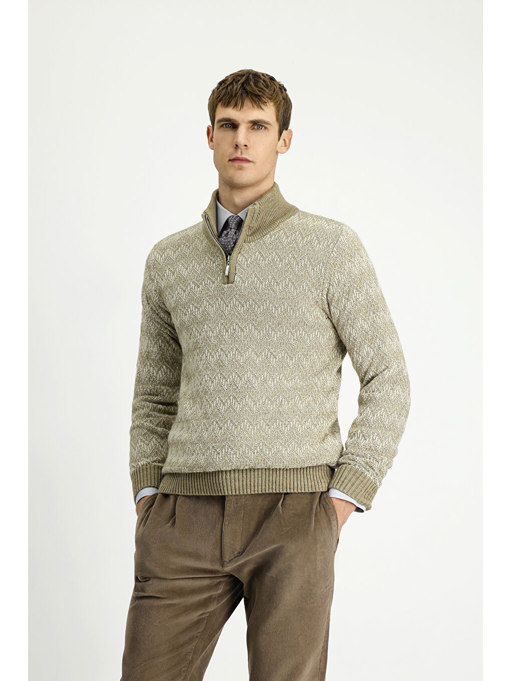 Bej Yarım Balıkçı Yaka Regular Fit Fermuarlı Desenli Pamuklu Triko Kazak-3