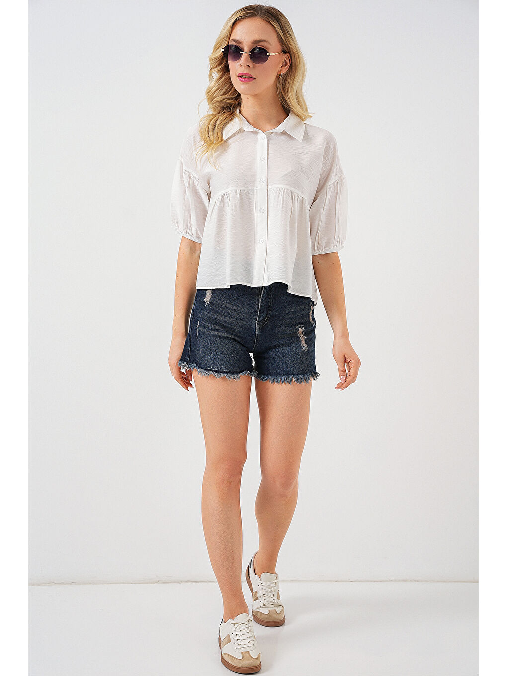 Kadın Kısa Kol Crop Gömlek 20335 - Beyaz-1