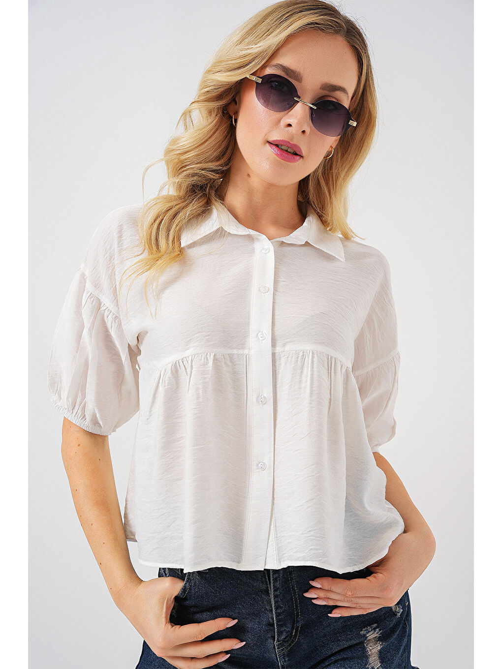 Kadın Kısa Kol Crop Gömlek 20335 - Beyaz-2