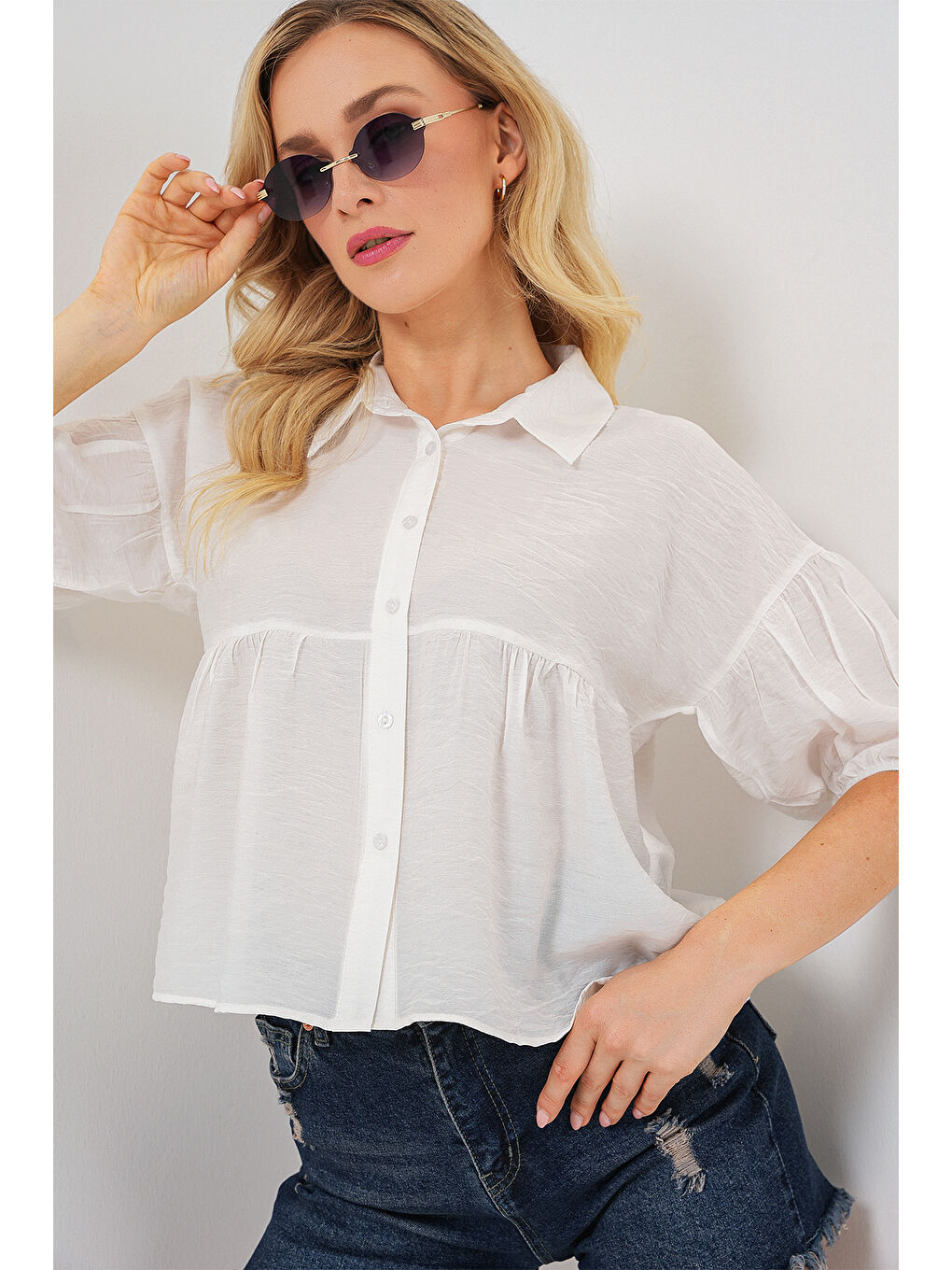 Kadın Kısa Kol Crop Gömlek 20335 - Beyaz-3