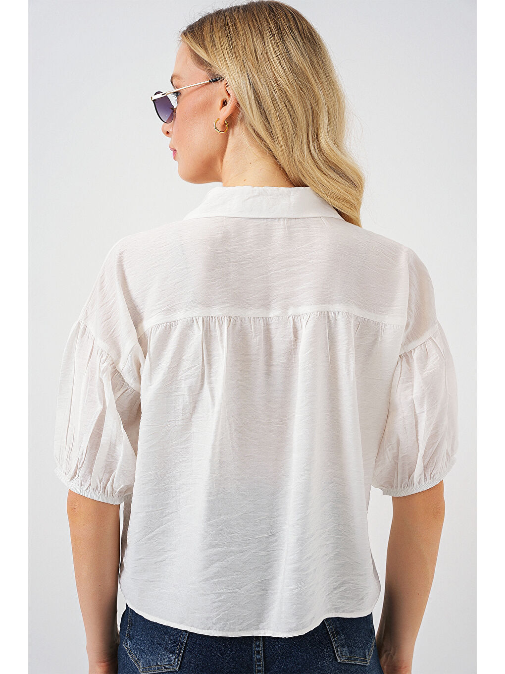 Kadın Kısa Kol Crop Gömlek 20335 - Beyaz-5