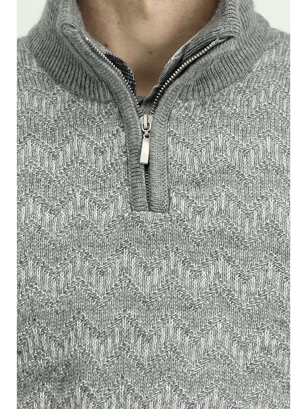 Gri Yarım Balıkçı Yaka Regular Fit Fermuarlı Desenli Pamuklu Triko Kazak-5